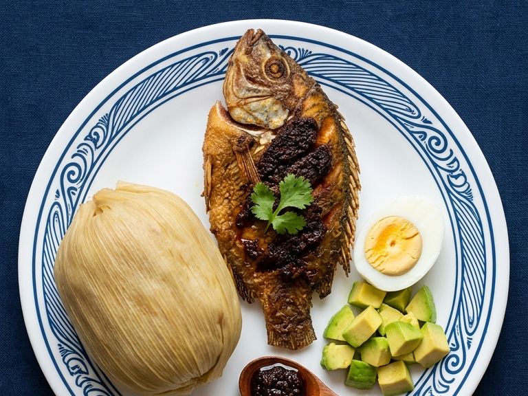 A plate of kenkey with fried fish, a spoon of shito, avocado and egg, and a bowl of koko